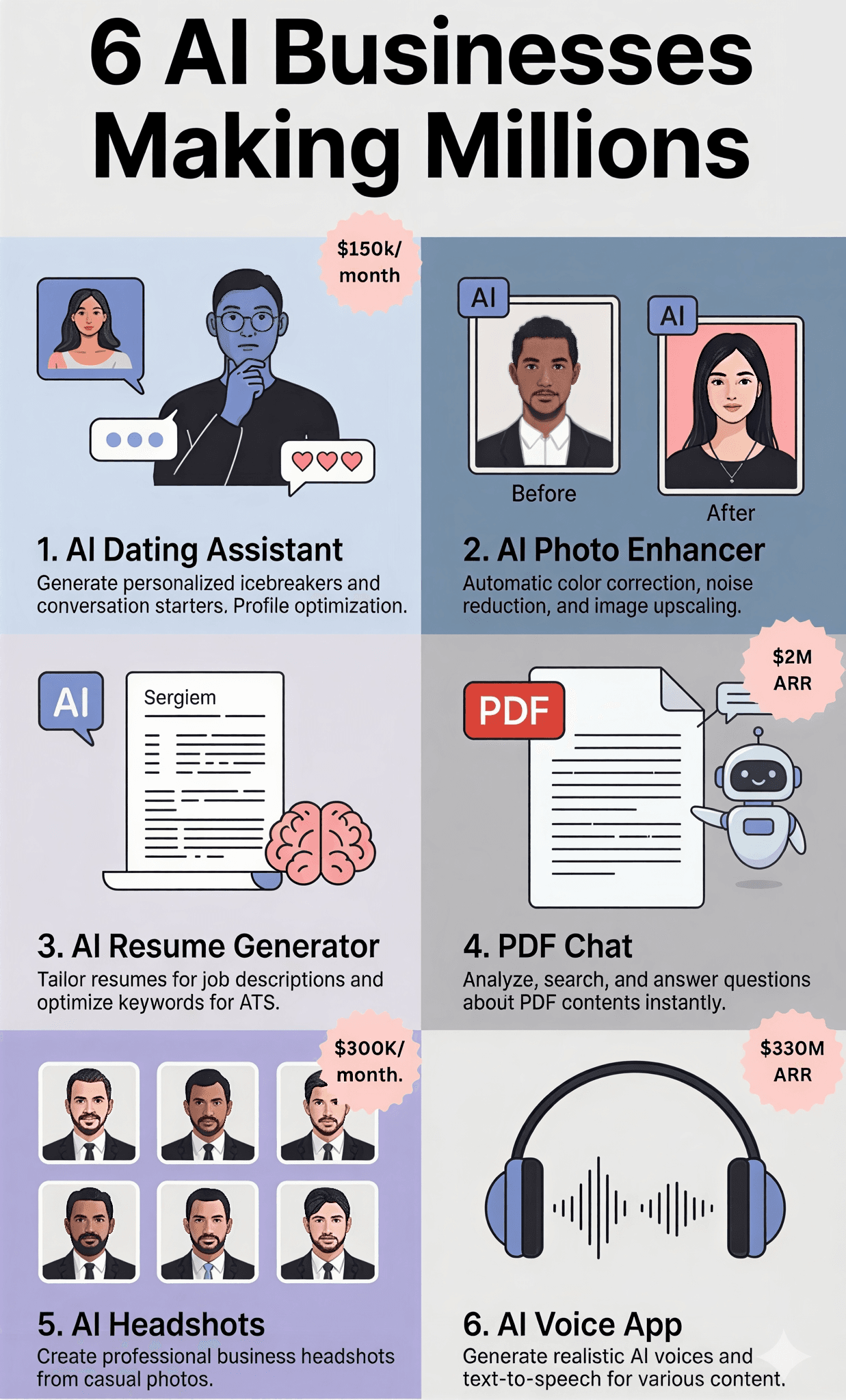 Grid showing 6 profitable AI businesses: voice generation apps ($330M ARR), PDF chat ($2M ARR), professional headshots ($300k/month), dating assistant, photo enhancer, resume generator